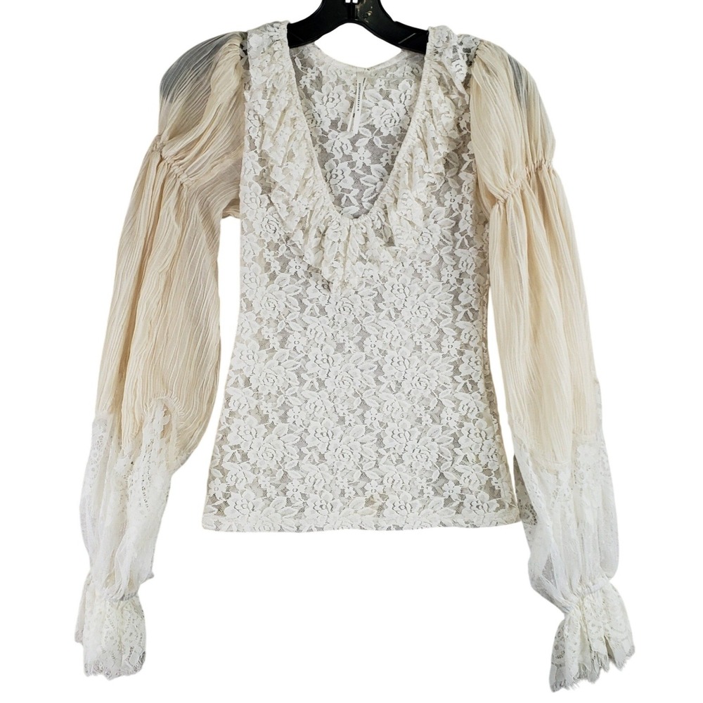 Anthropologie Lace Ruffle Top Womens XXS Ivory Romantic Victorian Chiffon Sleeve